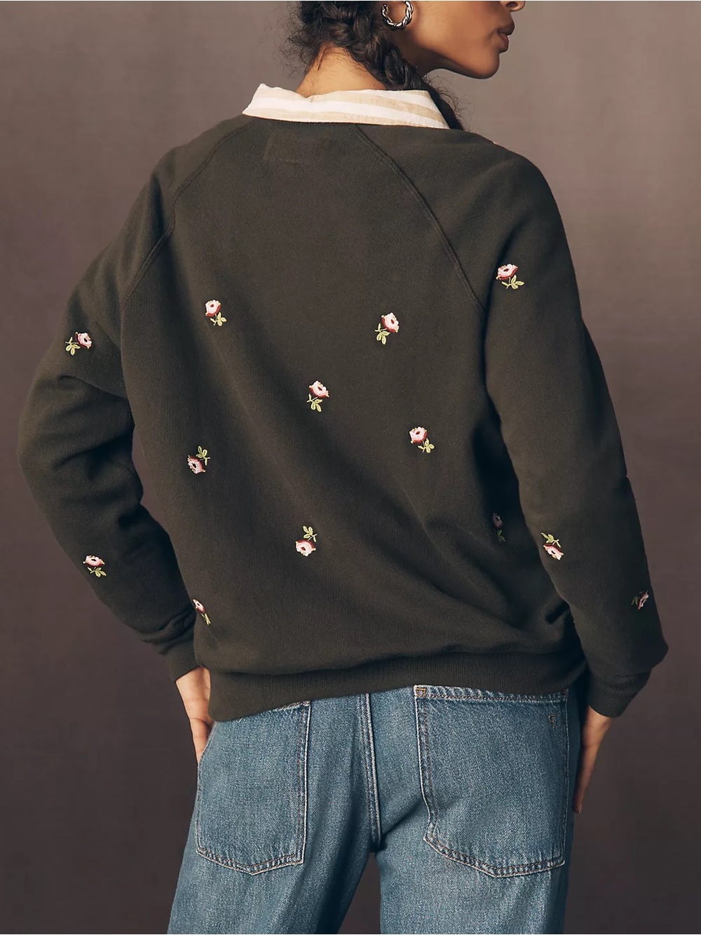 THE GREAT. The Embroidered College Sweatshirt - Olive Green - Picture 2 of 8